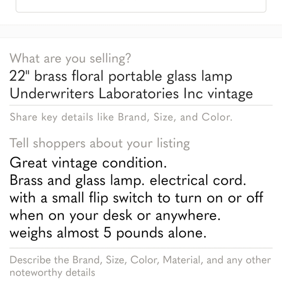 22" brass floral portable glass lamp Underwriters laboratories Inc vintage - Picture 10 of 10